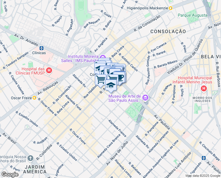 map of restaurants, bars, coffee shops, grocery stores, and more near 2101 Alameda Santos in São Paulo