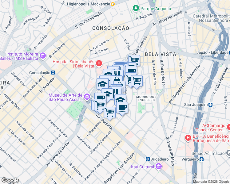 map of restaurants, bars, coffee shops, grocery stores, and more near 40 Alameda Rio Claro in São Paulo