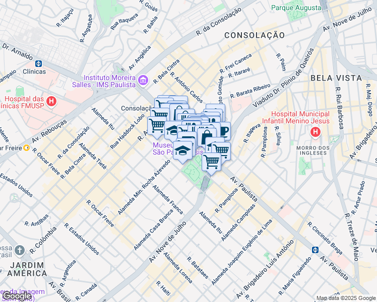 map of restaurants, bars, coffee shops, grocery stores, and more near 1800 Alameda Santos in São Paulo