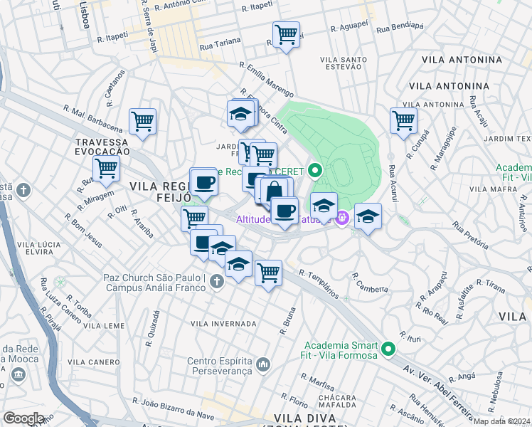 map of restaurants, bars, coffee shops, grocery stores, and more near 1739 Avenida Regente Feijó in São Paulo