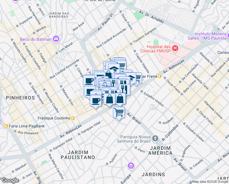 map of restaurants, bars, coffee shops, grocery stores, and more near 170 Rua Henrique Schaumann in São Paulo
