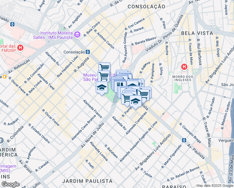 map of restaurants, bars, coffee shops, grocery stores, and more near 1418 Alameda Santos in São Paulo