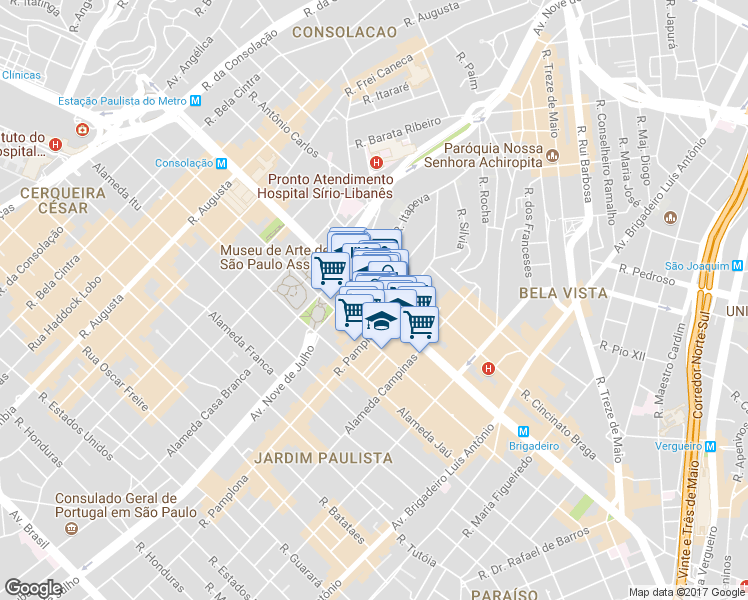 map of restaurants, bars, coffee shops, grocery stores, and more near 1310 Avenida Paulista in São Paulo