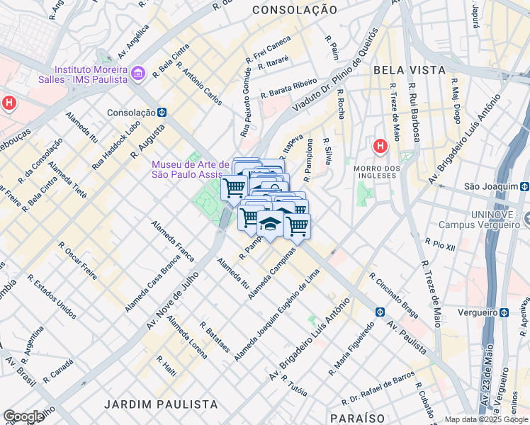 map of restaurants, bars, coffee shops, grocery stores, and more near 1313 Paulista Avenue in Sao Paulo