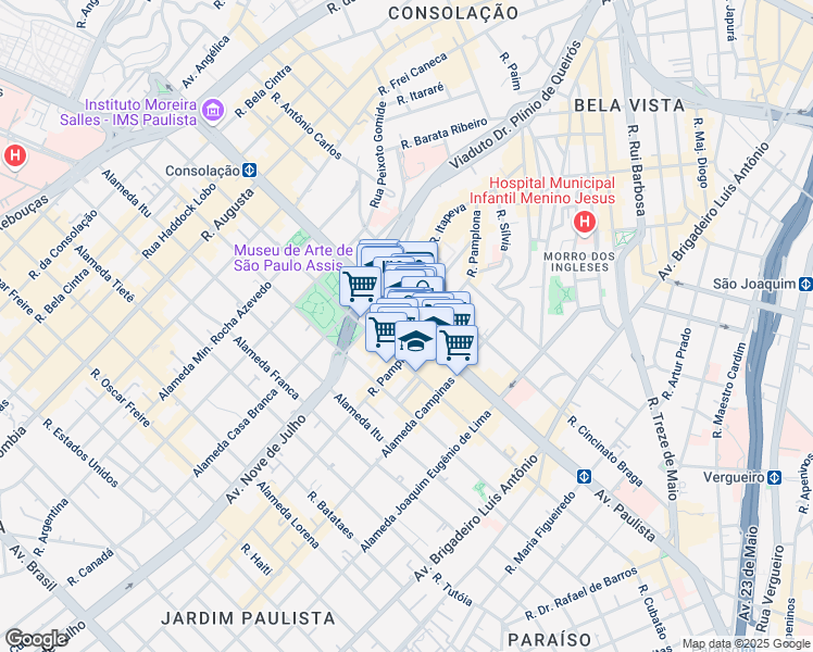map of restaurants, bars, coffee shops, grocery stores, and more near 1313 Paulista Avenue in Sao Paulo
