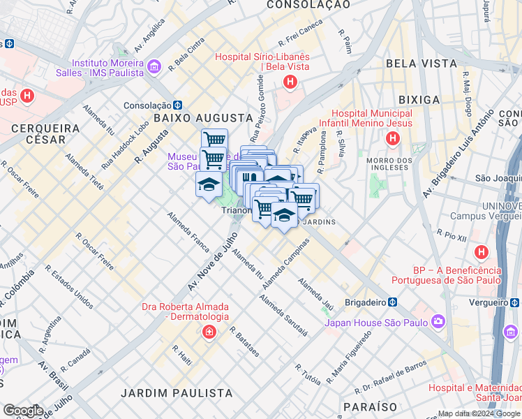 map of restaurants, bars, coffee shops, grocery stores, and more near 1418 Alameda Santos in São Paulo