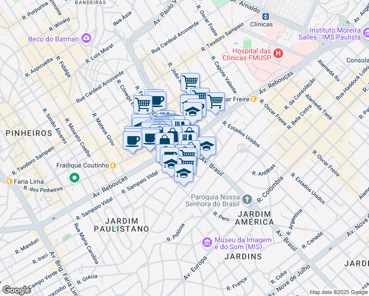 map of restaurants, bars, coffee shops, grocery stores, and more near 2985 Avenida Brasil in São Paulo