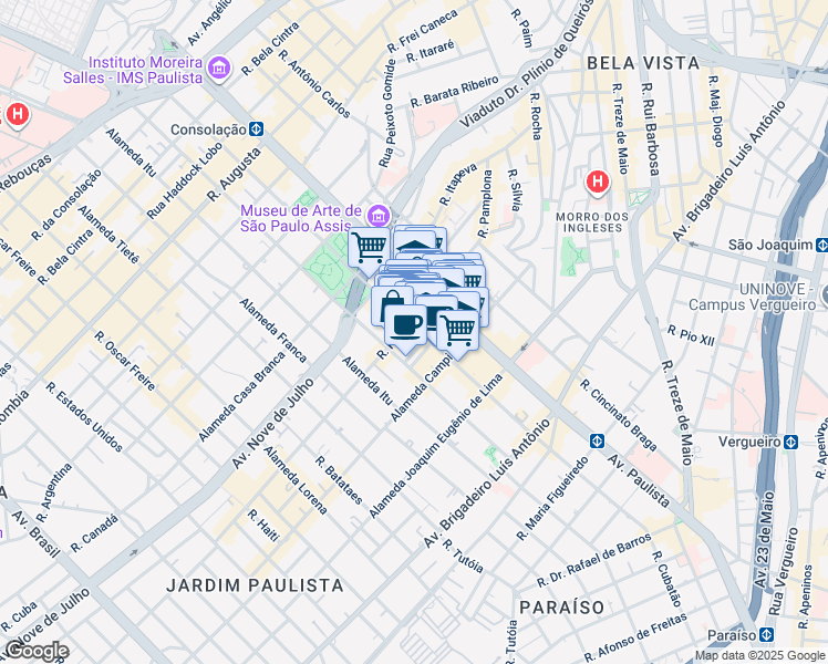 map of restaurants, bars, coffee shops, grocery stores, and more near 1231 Alameda Santos in São Paulo