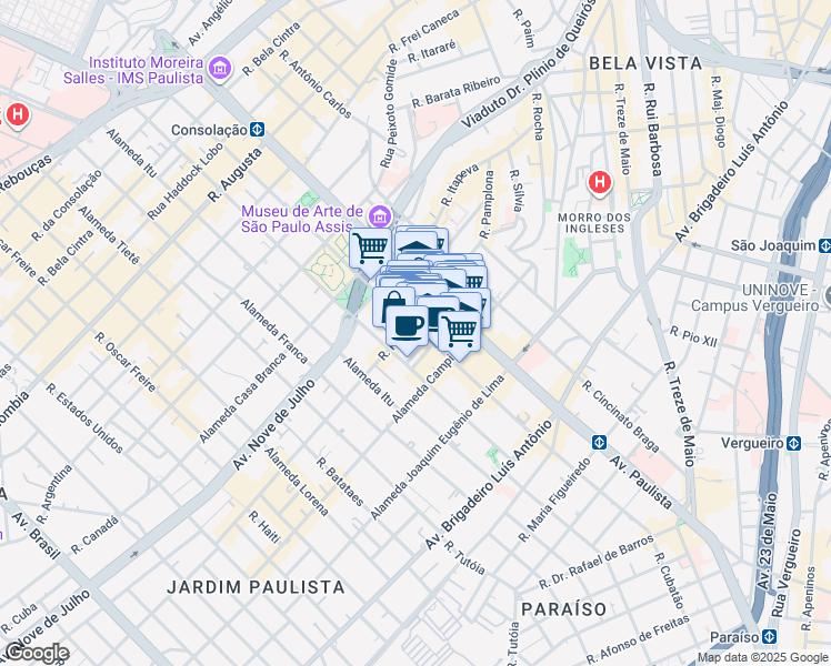 map of restaurants, bars, coffee shops, grocery stores, and more near 1231 Alameda Santos in São Paulo