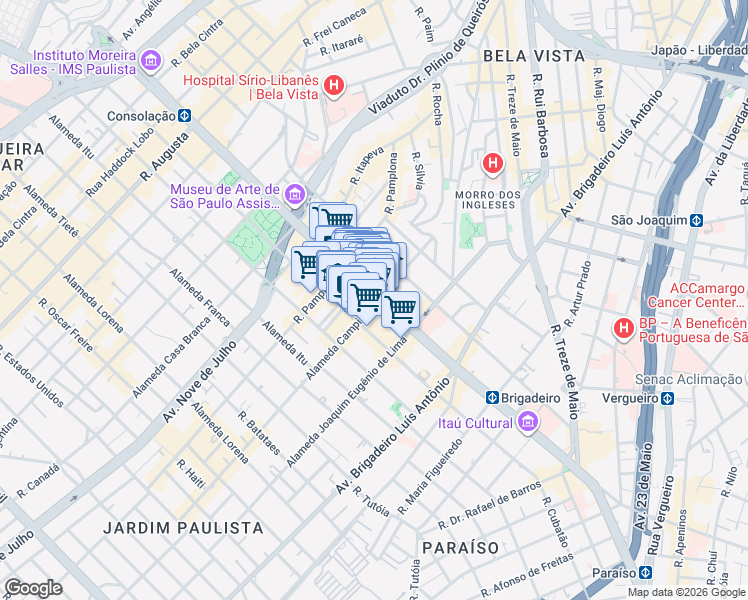 map of restaurants, bars, coffee shops, grocery stores, and more near 1063 Avenida Paulista in São Paulo