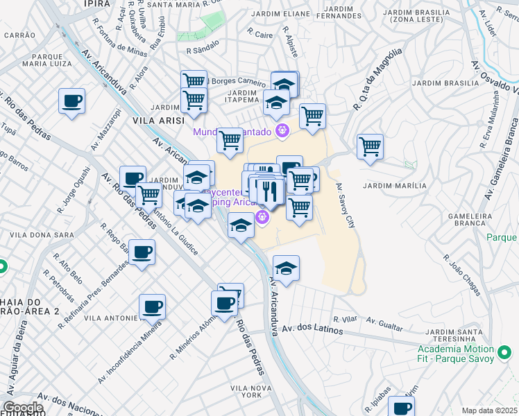 map of restaurants, bars, coffee shops, grocery stores, and more near 5555 Avenida Aricanduva in São Paulo