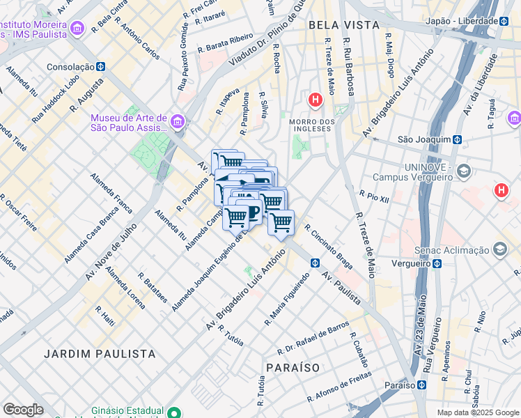 map of restaurants, bars, coffee shops, grocery stores, and more near 854 Avenida Paulista in São Paulo