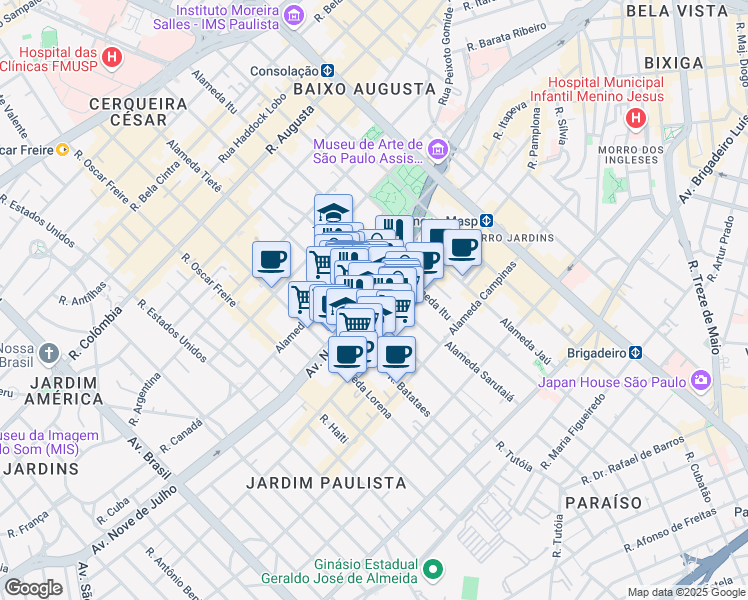 map of restaurants, bars, coffee shops, grocery stores, and more near 3013 Avenida Nove de Julho in São Paulo