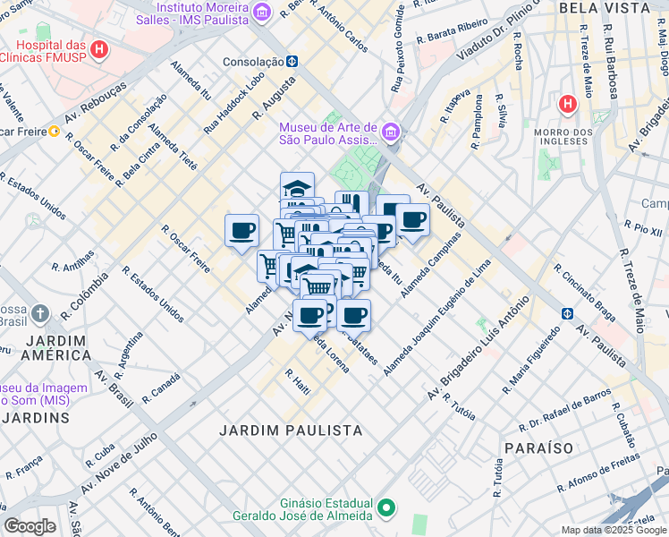 map of restaurants, bars, coffee shops, grocery stores, and more near 3013 Avenida Nove de Julho in São Paulo