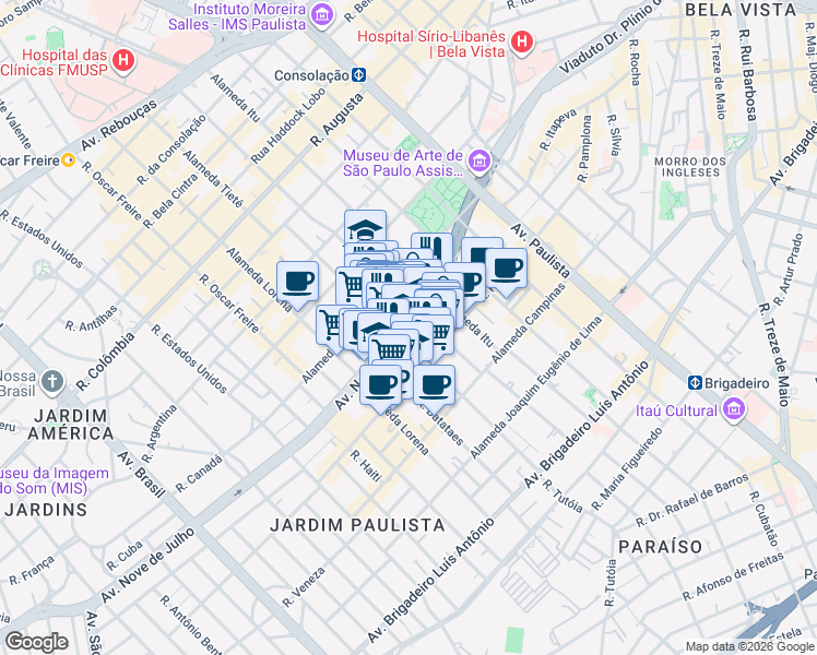 map of restaurants, bars, coffee shops, grocery stores, and more near 3013 Avenida Nove de Julho in São Paulo