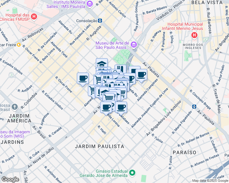 map of restaurants, bars, coffee shops, grocery stores, and more near 3013 Avenida Nove de Julho in São Paulo