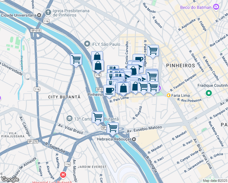 map of restaurants, bars, coffee shops, grocery stores, and more near 215 Rua Gilberto Sabino in São Paulo