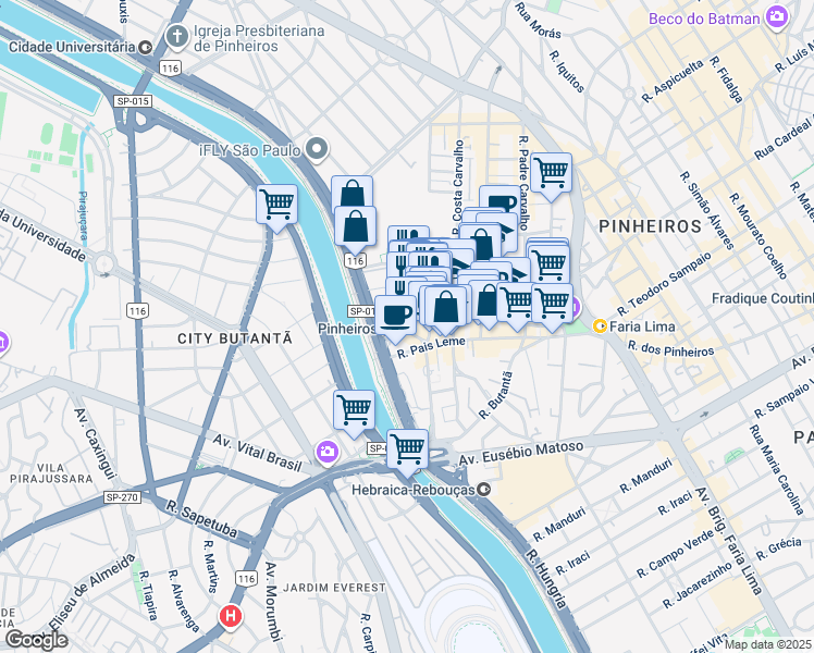 map of restaurants, bars, coffee shops, grocery stores, and more near 215 Rua Gilberto Sabino in São Paulo