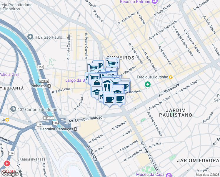 map of restaurants, bars, coffee shops, grocery stores, and more near 1673 Rua dos Pinheiros in São Paulo