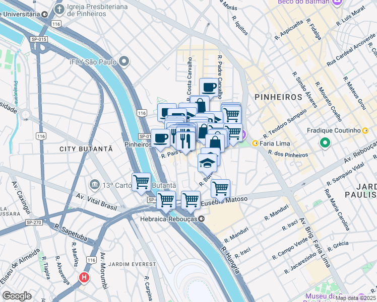map of restaurants, bars, coffee shops, grocery stores, and more near 291 Rua Pais Leme in São Paulo