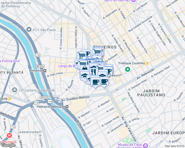 map of restaurants, bars, coffee shops, grocery stores, and more near 1673 Rua dos Pinheiros in São Paulo