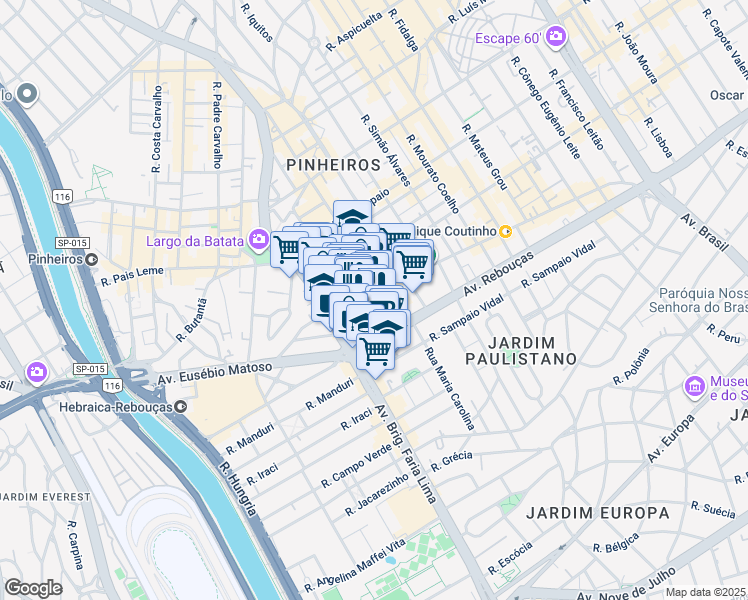 map of restaurants, bars, coffee shops, grocery stores, and more near 64 Rua Doutor Fernandes Coelho in São Paulo