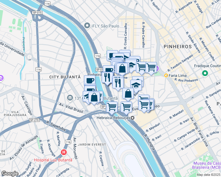 map of restaurants, bars, coffee shops, grocery stores, and more near 7815 Avenida das Nações Unidas in São Paulo