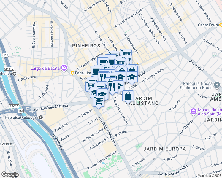 map of restaurants, bars, coffee shops, grocery stores, and more near 2970 Avenida Rebouças in São Paulo