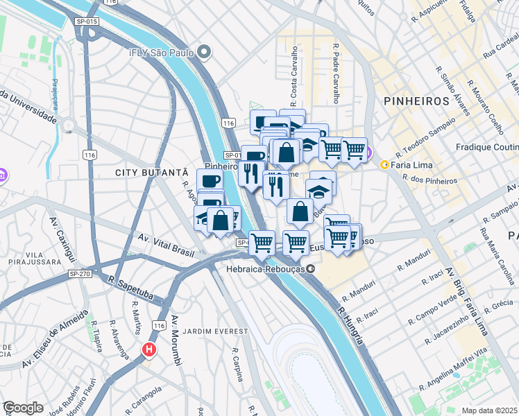 map of restaurants, bars, coffee shops, grocery stores, and more near 7815 Avenida Nações Unidas in São Paulo