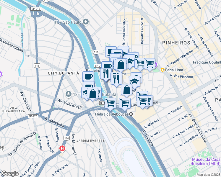 map of restaurants, bars, coffee shops, grocery stores, and more near 7815 Avenida das Nações Unidas in São Paulo