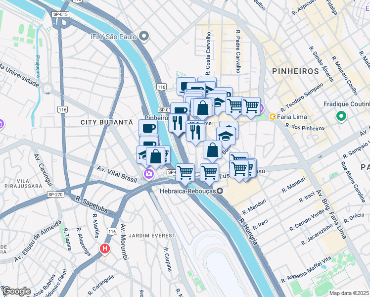 map of restaurants, bars, coffee shops, grocery stores, and more near 7815 Avenida Nações Unidas in São Paulo