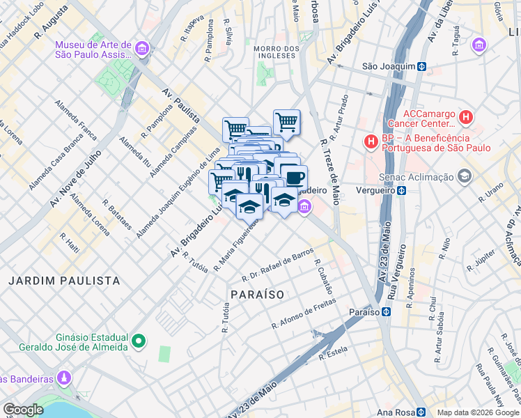 map of restaurants, bars, coffee shops, grocery stores, and more near 415 Alameda Santos in São Paulo