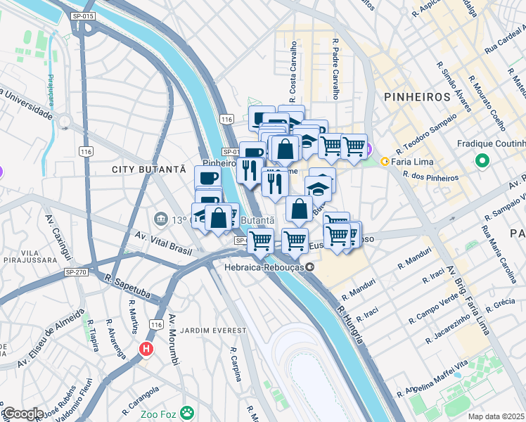 map of restaurants, bars, coffee shops, grocery stores, and more near 8501 Avenida das Nações Unidas in São Paulo