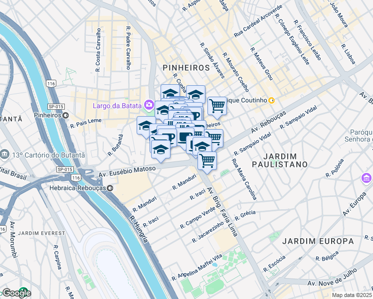 map of restaurants, bars, coffee shops, grocery stores, and more near 1336 Avenida Brigadeiro Faria Lima in São Paulo