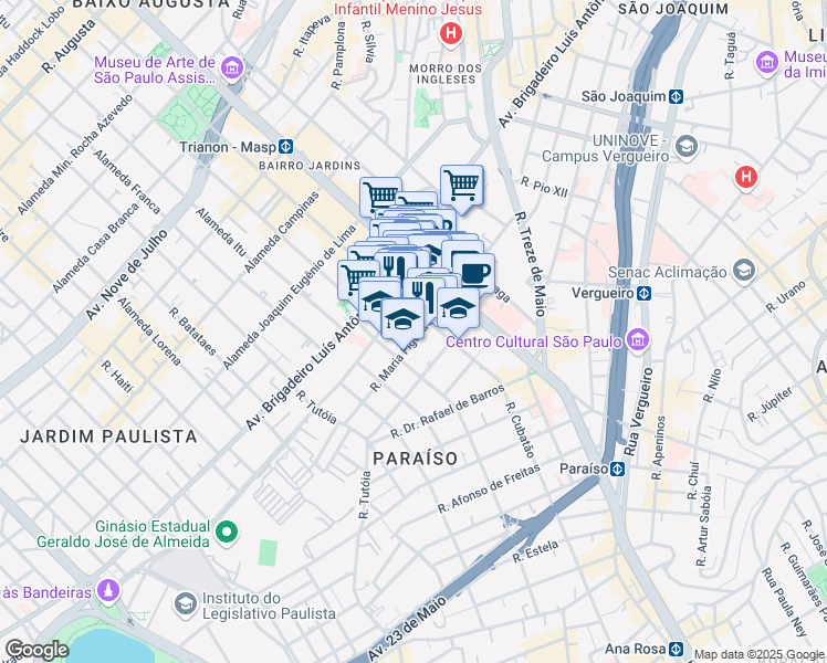 map of restaurants, bars, coffee shops, grocery stores, and more near 202 Rua Maria Figueiredo in São Paulo