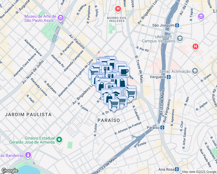 map of restaurants, bars, coffee shops, grocery stores, and more near 202 Rua Maria Figueiredo in São Paulo