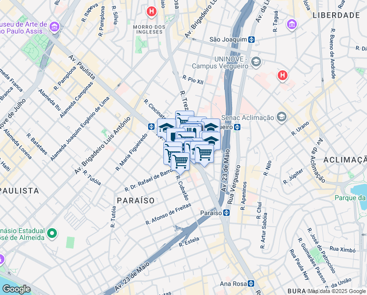 map of restaurants, bars, coffee shops, grocery stores, and more near 52 Avenida Paulista in São Paulo
