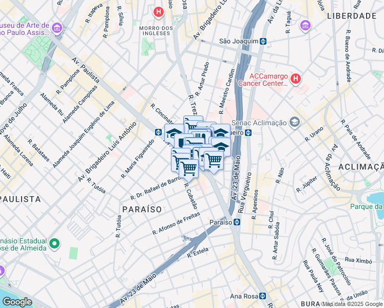 map of restaurants, bars, coffee shops, grocery stores, and more near 52 Avenida Paulista in São Paulo