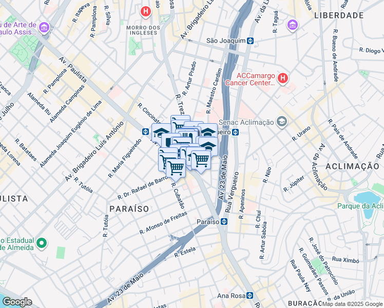 map of restaurants, bars, coffee shops, grocery stores, and more near 1947 Rua Treze de Maio in São Paulo