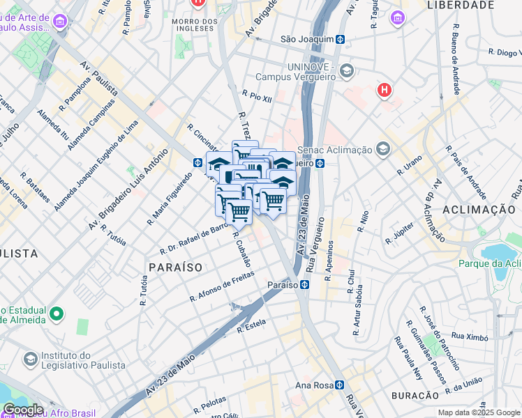 map of restaurants, bars, coffee shops, grocery stores, and more near 1947 Rua Treze de Maio in São Paulo