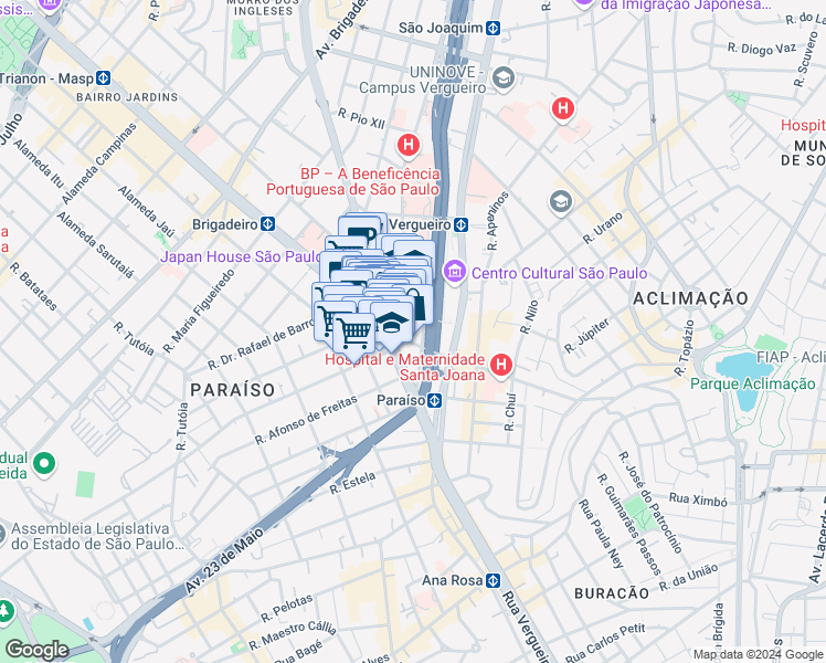 map of restaurants, bars, coffee shops, grocery stores, and more near 1323 Rua Maestro Cardim in São Paulo