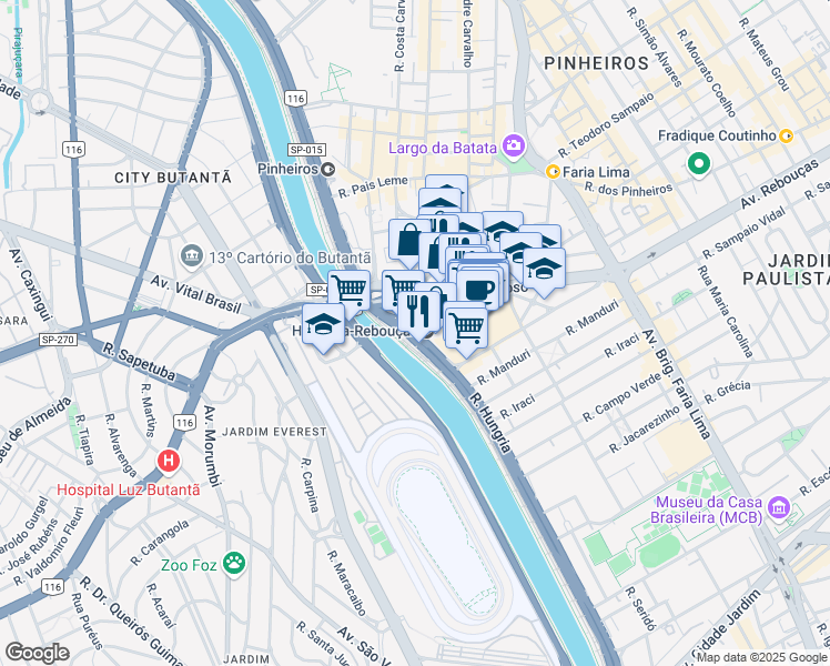 map of restaurants, bars, coffee shops, grocery stores, and more near 8501 Avenida das Nações Unidas in São Paulo