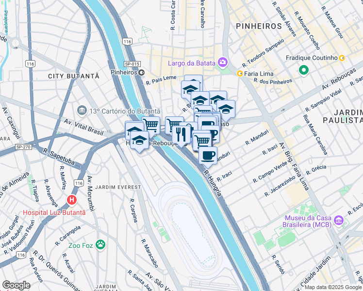 map of restaurants, bars, coffee shops, grocery stores, and more near 7815 Avenida das Nações Unidas in São Paulo
