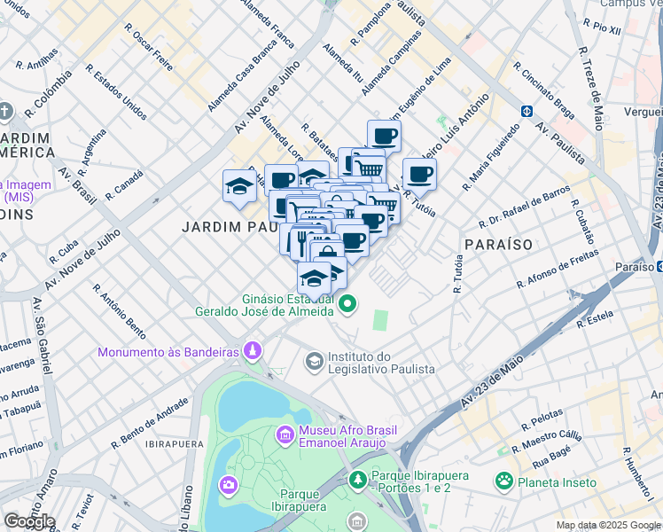 map of restaurants, bars, coffee shops, grocery stores, and more near 3521 Avenida Brigadeiro Luís Antônio in São Paulo