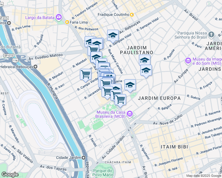 map of restaurants, bars, coffee shops, grocery stores, and more near 2189 Avenida Brigadeiro Faria Lima in São Paulo
