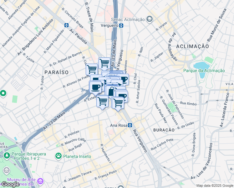 map of restaurants, bars, coffee shops, grocery stores, and more near 1737 Rua Vergueiro in São Paulo