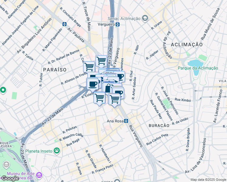 map of restaurants, bars, coffee shops, grocery stores, and more near 1737 Rua Vergueiro in São Paulo