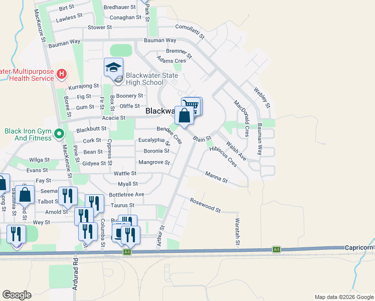 map of restaurants, bars, coffee shops, grocery stores, and more near 80 Arthur Street in Blackwater