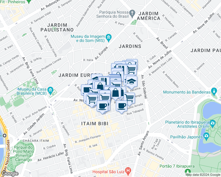 map of restaurants, bars, coffee shops, grocery stores, and more near 5229 Avenida Nove de Julho in São Paulo