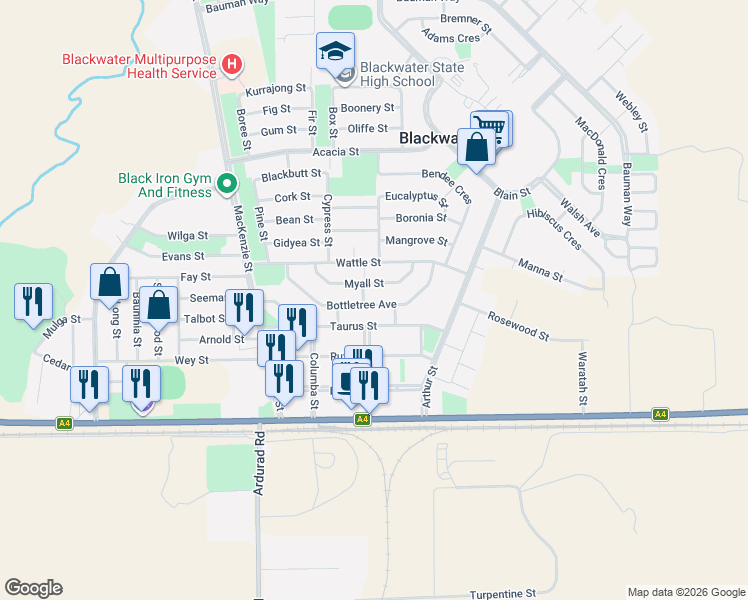 map of restaurants, bars, coffee shops, grocery stores, and more near 31 Bottletree Avenue in Blackwater